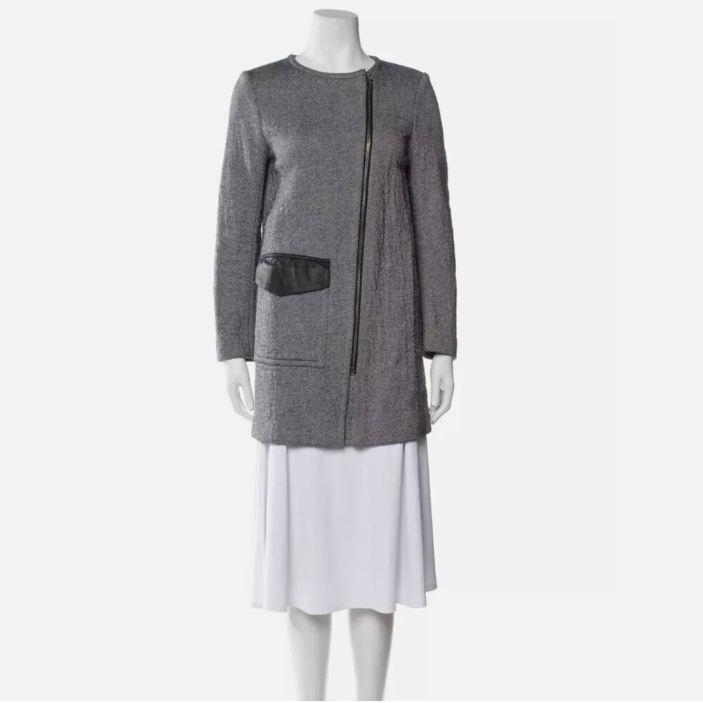 Sandro $755 Maela Leather Trim Cotton Tweed Evening Jacket Coat Blazer Sz US 6